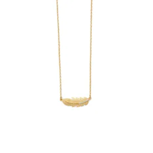 18 Karat Gold Plated Sideways CZ Feather Necklace
