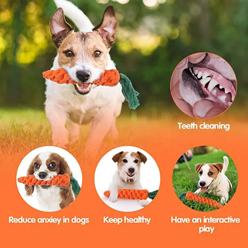 Cartoon Animal Dog Chew Toys | Handmade Cotton Rope Carrot Shape | Braided Bite-Resistant Molar Cleaning Toy for Small and Large Dogs