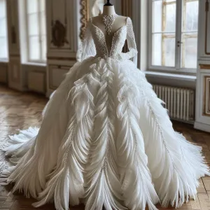 Ivy  Gorgeous Feather Touch White Long Sleeves Ball Gown Wedding Dress