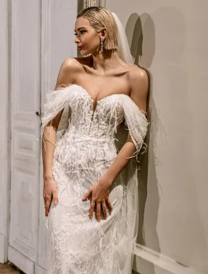 Jazzy Feather Embroidered White Wedding Dress