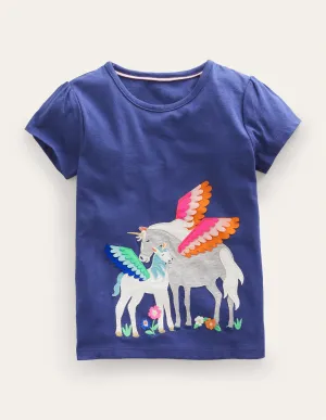 Puff Sleeve Appliqué T-shirt-Soft Starboard Unicorns