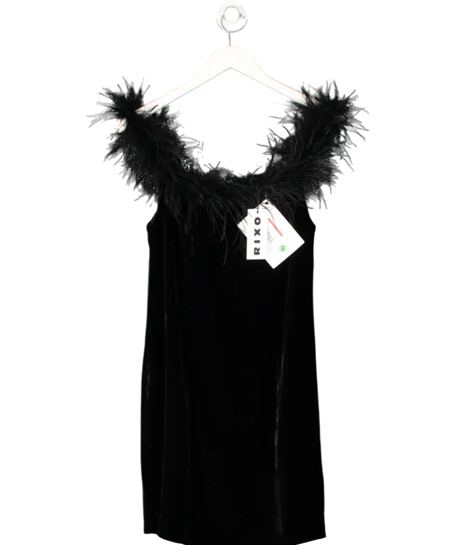 Rixo Black Lena Feather Trimmed Dress UK S